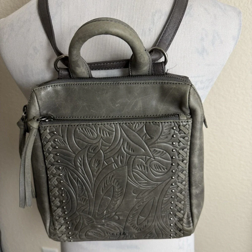 The Sak Loyola Convertible Backpack Gray Soft Tooled Leather Handbag